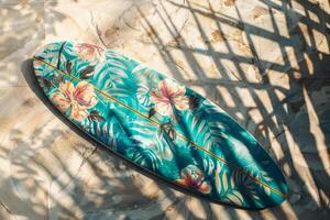 AI generated Tropical pattern on a wooden surfboard. Generative AI photo