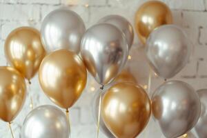 AI generated Golden and silver balloons. Festive background. Generative AI photo