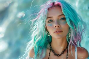 AI generated Young woman with bright colored flying hair, shades of blue and pink. Hair coloring. Generative AI photo