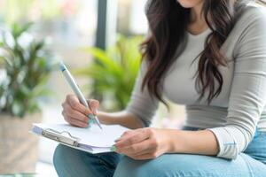 AI generated Woman brainstorming ideas with a notepad and pen. Hand with pen writing on notebook. Generative AI photo