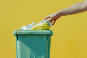 AI generated Hand and a recycling bin with a recycle paper. Generative AI photo