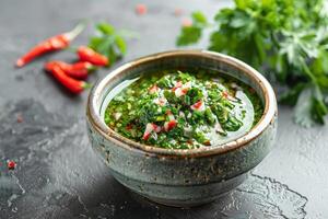 AI generated Chimichurri sauce in a small bowl. Sauce made from various herbs, garlic and pepper. Generative AI photo