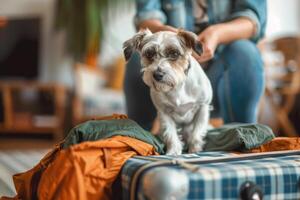 AI generated Dog owner packing a suitcase with pets essentials. Dog sitting in the suitcase and waiting for a trip. Generative AI photo