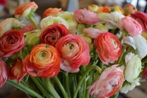 AI generated Bouquet of beautiful ranunculus flowers. Spring floral background. Generative AI photo