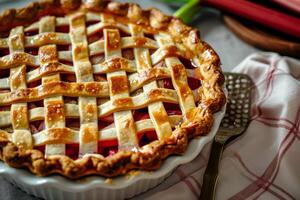 AI generated Freshly baked rhubarb pie with a golden crust. Generative AI photo