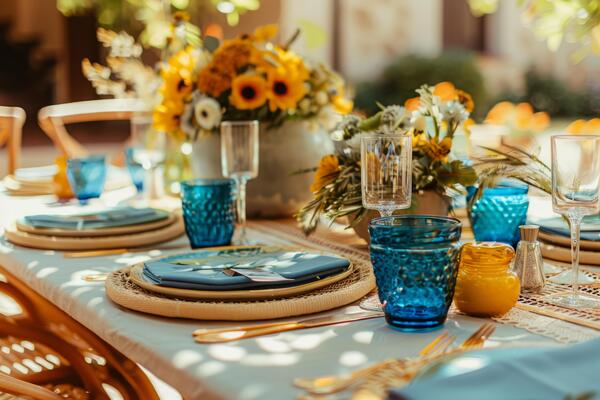 AI generated Mediterranean inspired outdoor summer table setting. Generative AI