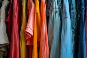 AI generated Open closet with unorganized random colorful hanging clothes. Generative AI photo