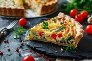 ai generado rebanada de Quiche con estacional verduras. generativo ai foto