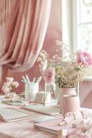 AI generated Home office in feminine style. Elegant office workspace with a blush pink color scheme. Generative AI photo