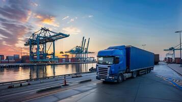 AI generated Truck trailer on the pier in the cargo port terminal with cranes and containers. AI Generated photo