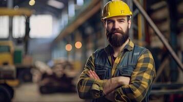 AI generated Portrait of a working man in a uniform and a hard hat. AI Generated photo