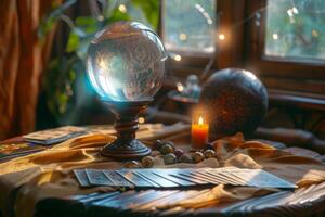 AI generated Fortune telling table with a magic crystal ball and tarot cards. Generative AI photo