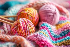 AI generated Knitting needles and unfinished colorful knitted sweater. Generative AI photo