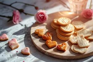 AI generated Board with heart shaped crackers and other snacks. Generative AI photo