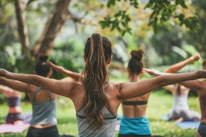 AI generated Women stretching outdoor. Yoga class doing exercise at park. Generative AI photo