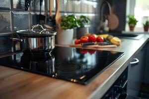 ai generado moderno negro inducción estufa en cocina interior. contemporáneo hogar con moderno interior. generativo ai foto