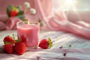 ai generado fresa perfumado vela. romántico concepto. iluminado velas con fresas y verano decoraciones generativo ai foto