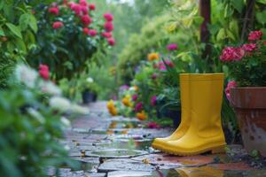 ai generado jardinería antecedentes con flor ollas y amarillo botas en soleado primavera jardín. generativo ai foto