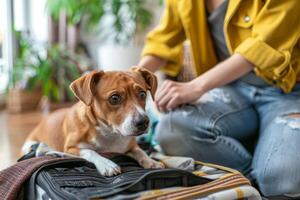 AI generated Dog owner packing a suitcase with pets essentials. Dog sitting in the suitcase and waiting for a trip. Generative AI photo