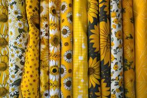 AI generated Fabric pattern background in yellow colors. Mix textile fabrics. Generative AI photo