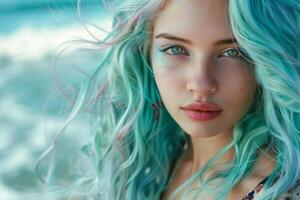 AI generated Young woman with bright colored flying hair, shades of blue and pink. Hair coloring. Generative AI photo
