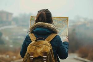 ai generado mujer con mochila mirando a un mapa mientras turismo un exterior ciudad. generativo ai foto