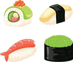 Sushi Rolls Elements Food, salmon, prawn, avocado, cream cheese. Sushi menu. Japanese food isolated on white Vector Illustration