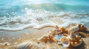 AI generated Azure coast of the ocean with palm trees, sand, surf and shells. AI Generated photo