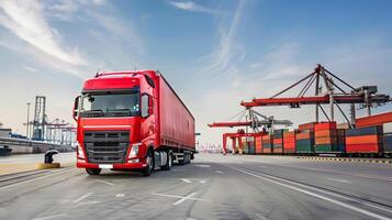 AI generated Truck trailer on the pier in the cargo port terminal with cranes and containers. AI Generated photo