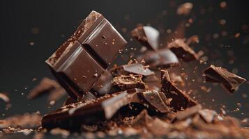 AI generated Sweet dark chocolate bar broken into pieces. AI Generated photo