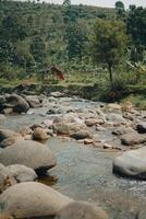 Refreshing Curug Sentul Clear River Flowing from Waterfall, Surrounded by Forests, Ideal for Nature Lovers photo