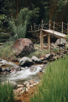 Refreshing Curug Sentul Clear River Flowing from Waterfall, Surrounded by Forests, Ideal for Nature Lovers photo