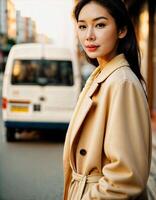 AI generated photo of beautiful asian woman with sunset light near truck and street pavement, generative AI