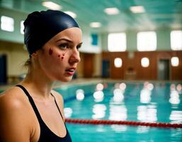 AI generated photo of beautiful angry woman as a swimmer with wound and small blood at the indoor swimming pool, generative AI