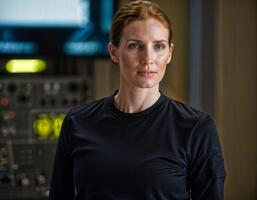 AI generated photo of beautiful woman as a commander agent wearing black long sleeve shirt and tactical pant with monitor and screen in control command room, generative AI