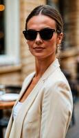 ai generado foto de hermosa europeo mujer con beige traje y blanco cosecha parte superior a calle café en Francia, generativo ai