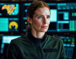 AI generated photo of beautiful woman as a commander agent wearing black long sleeve shirt and tactical pant with monitor and screen in control command room, generative AI