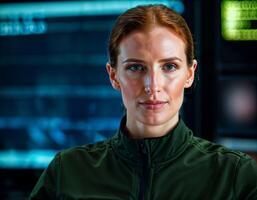 AI generated photo of beautiful woman as a commander agent wearing black long sleeve shirt and tactical pant with monitor and screen in control command room, generative AI