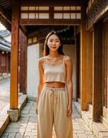 AI generated photo of beautiful asian woman with in traditional local house building, generative AI