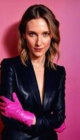 AI generated photo of middle aged woman with leather suit jacket and hand gloves standing against pink background, generative AI