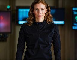 AI generated photo of beautiful woman as a commander agent wearing black long sleeve shirt and tactical pant with monitor and screen in control command room, generative AI