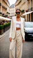 AI generated photo of beautiful european woman with beige suit and white crop top at street cafe in france, generative AI