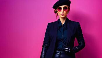 AI generated photo of middle aged woman with leather suit jacket and hand gloves and beret hat and glasses standing against pink background, generative AI