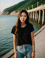 AI generated photo of beautiful asian woman in black top and jeans in fishing village, generative AI