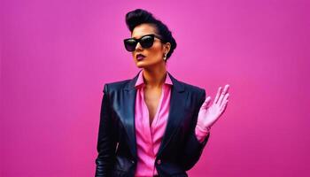 AI generated photo of middle aged woman with leather suit jacket and hand gloves standing against pink background, generative AI