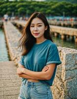 AI generated photo of beautiful asian woman in black top and jeans in fishing village, generative AI