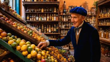 ai generado foto de mayor vendedor en antiguo mercado a Europa, generativo ai