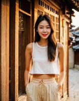 AI generated photo of beautiful asian woman with in traditional local house building, generative AI