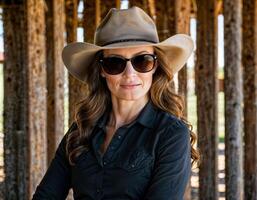 AI generated photo of beautiful woman as a professional agent wearing black long sleeve shirt and tactical pant and cowboy hat om ranch, generative AI