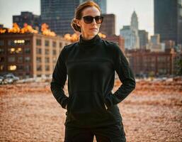 AI generated photo of beautiful woman as a undercover agent wearing black long sleeve shirt and tactical pant with fire and smoke city in danger scene, generative AI